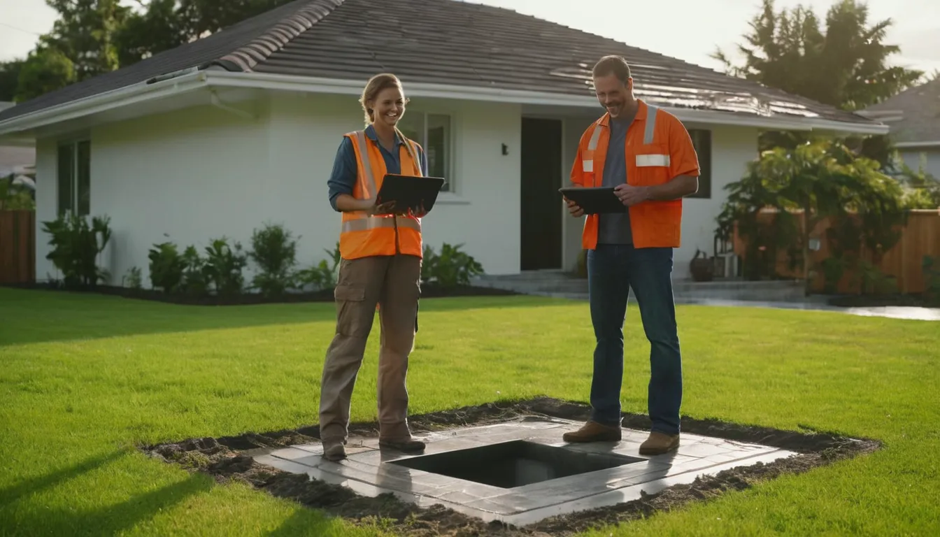 Friendly septic provider explaining a repair plan to a homeowner in a yard in Tampa